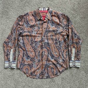 Robert Graham Large Paisley Statement Shirt Cotton Silk Trim Flip Cuff